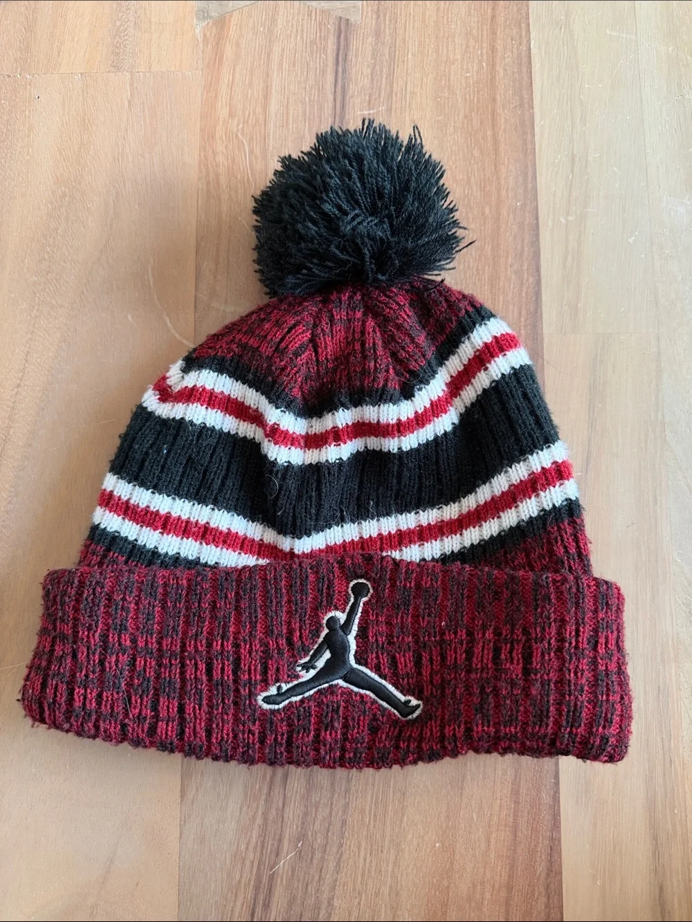 Jordan Kids Knit Pom Beanie in Black, Red & White